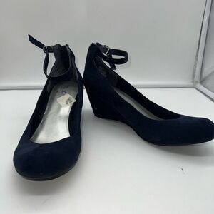 It’s OK Ankle Strap Deep Navy Blue Suede Wedge Heel Shoes‎
